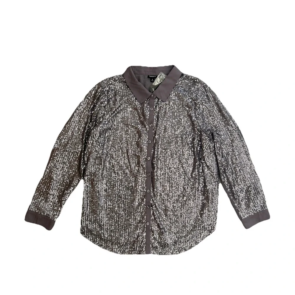 Torrid Gray Madison Sequin Long Sleeve Button Up Shirt Women's Size 3X 22-24 NWT